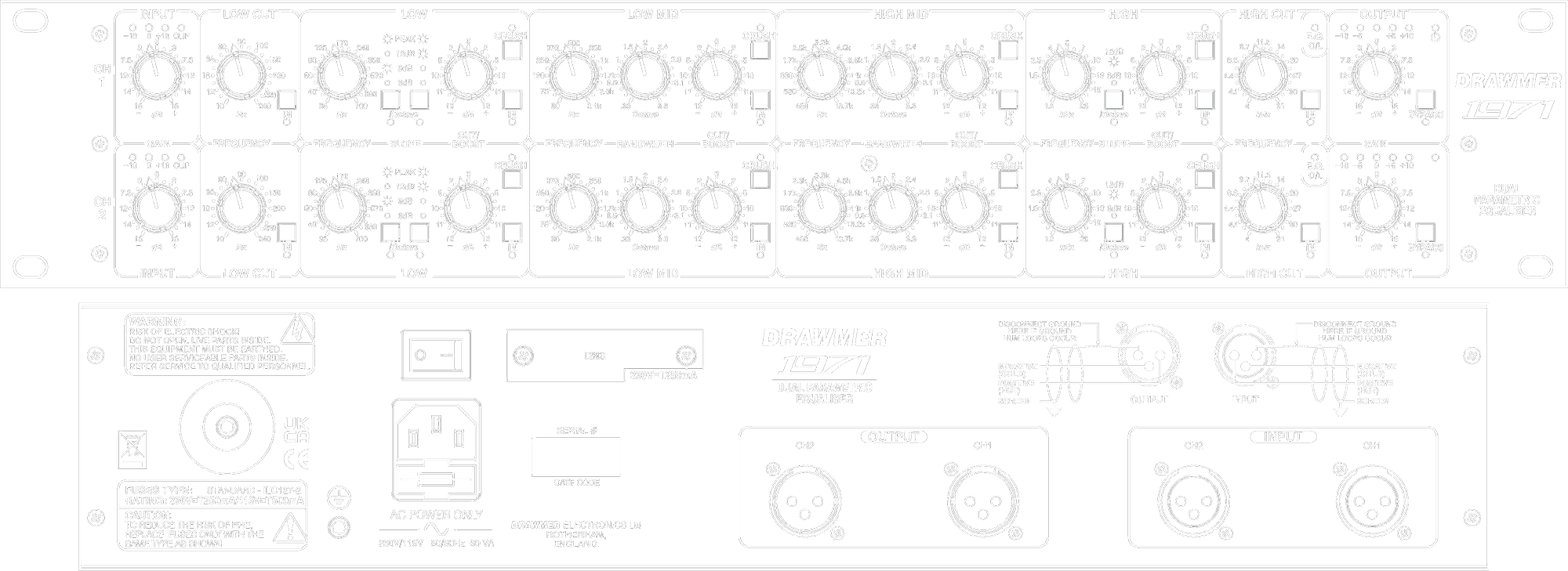 A line drawing of the front and rear panels of the 1971 showing controls and connectors